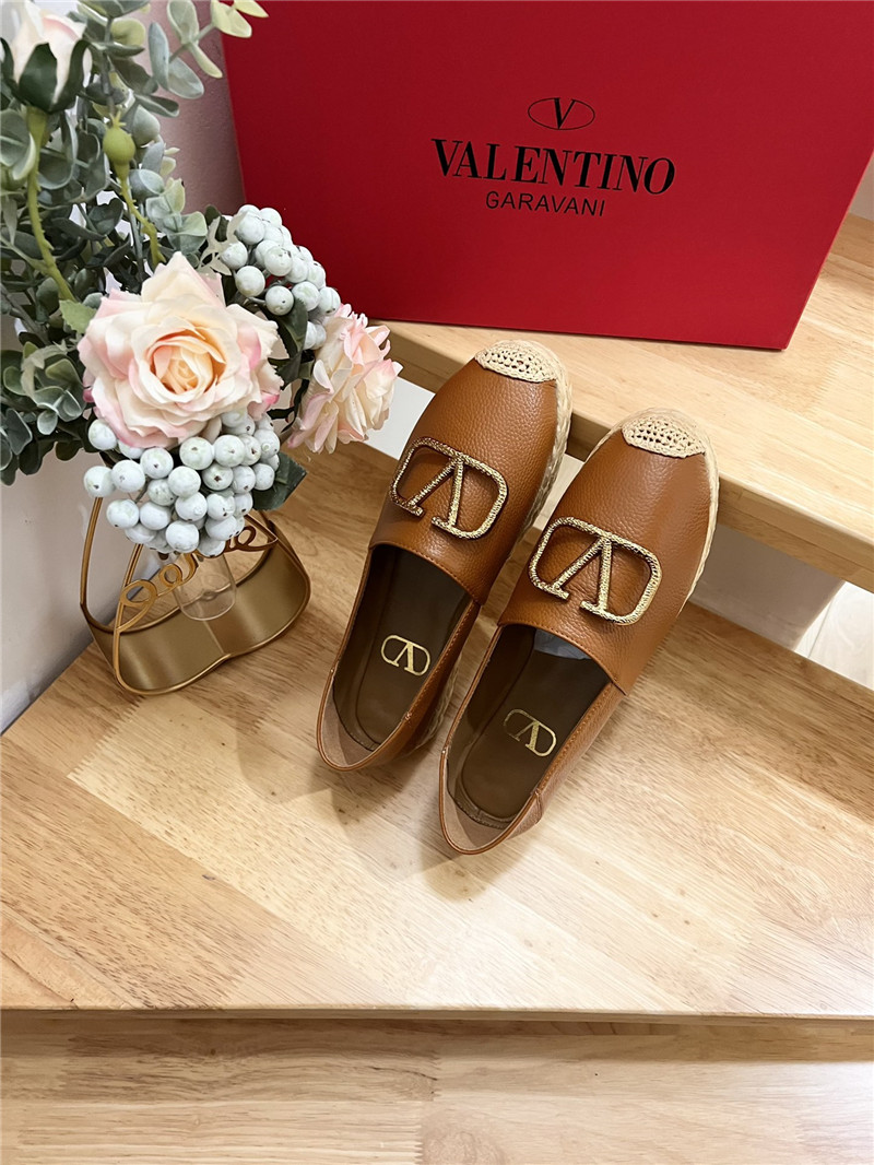 Va1e*ntin0 vlogo calfskin raffia espadrilles gold and brown