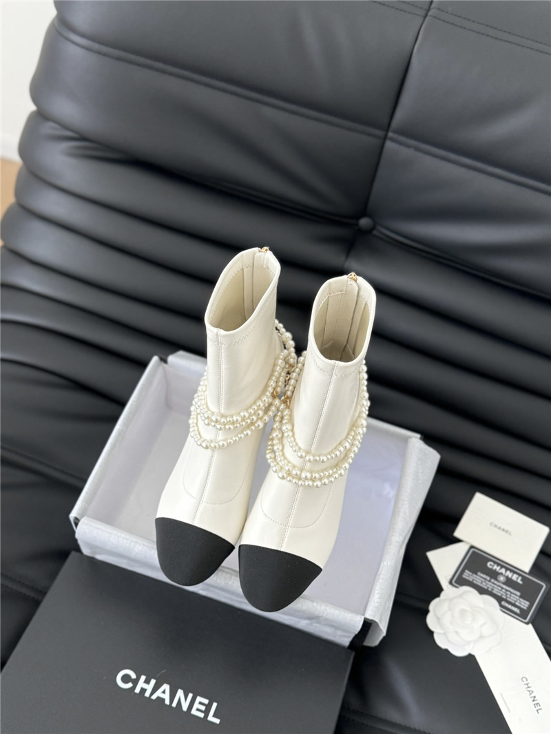 Ch**el white calfskin pearl ankle boots