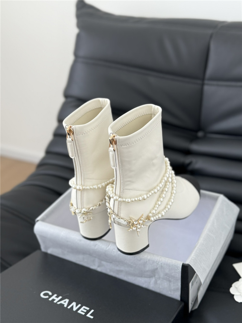 Ch**el white calfskin pearl ankle boots