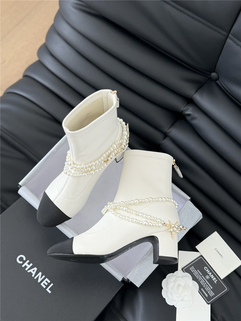 Ch**el white calfskin pearl ankle boots