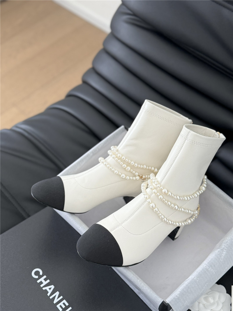 Ch**el white calfskin pearl ankle boots
