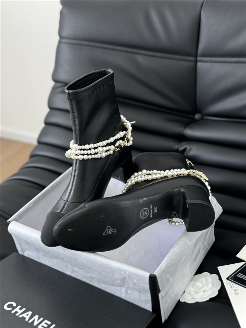 Ch**el black calfskin pearl ankle boots