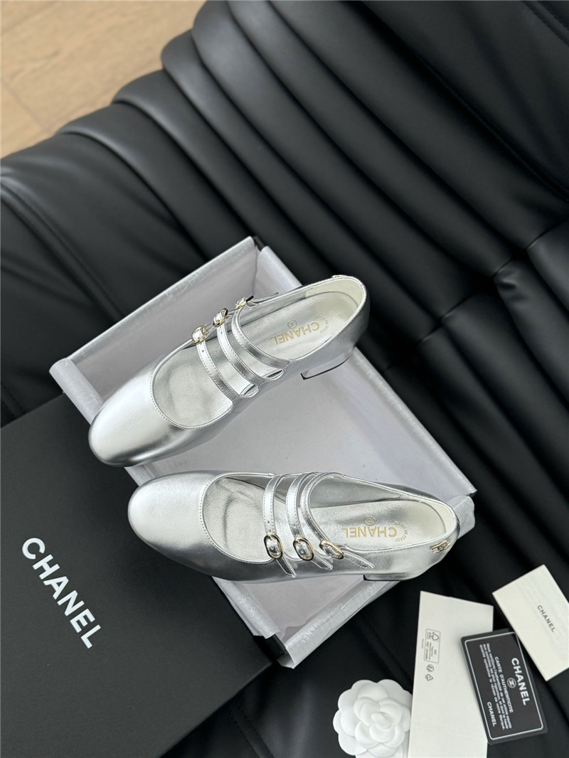 Ch**el silver calfskin 3-strap mary jane shoes
