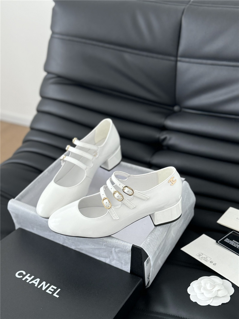 Ch**el white patent leather 3-strap mary jane shoes