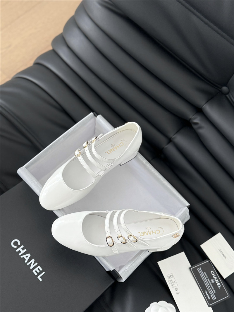 Ch**el white patent leather 3-strap mary jane shoes