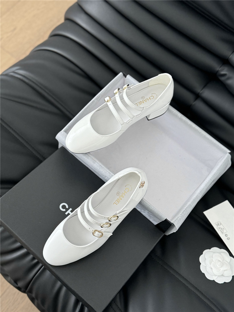 Ch**el white patent leather 3-strap mary jane shoes