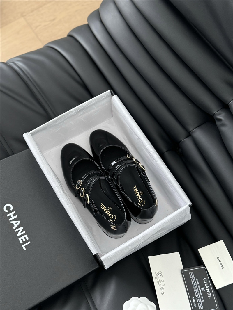 Ch**el black patent leather 3-strap mary jane shoes