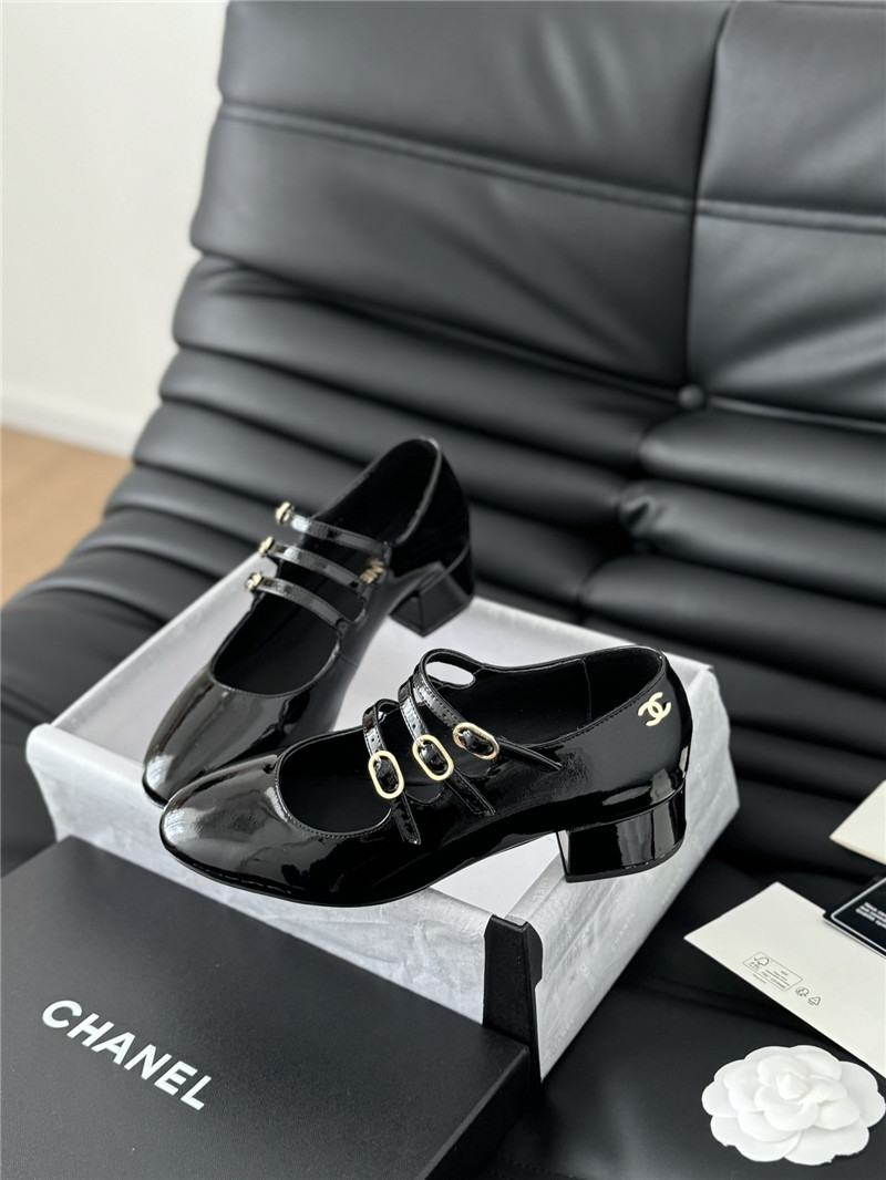 Ch**el black patent leather 3-strap mary jane shoes