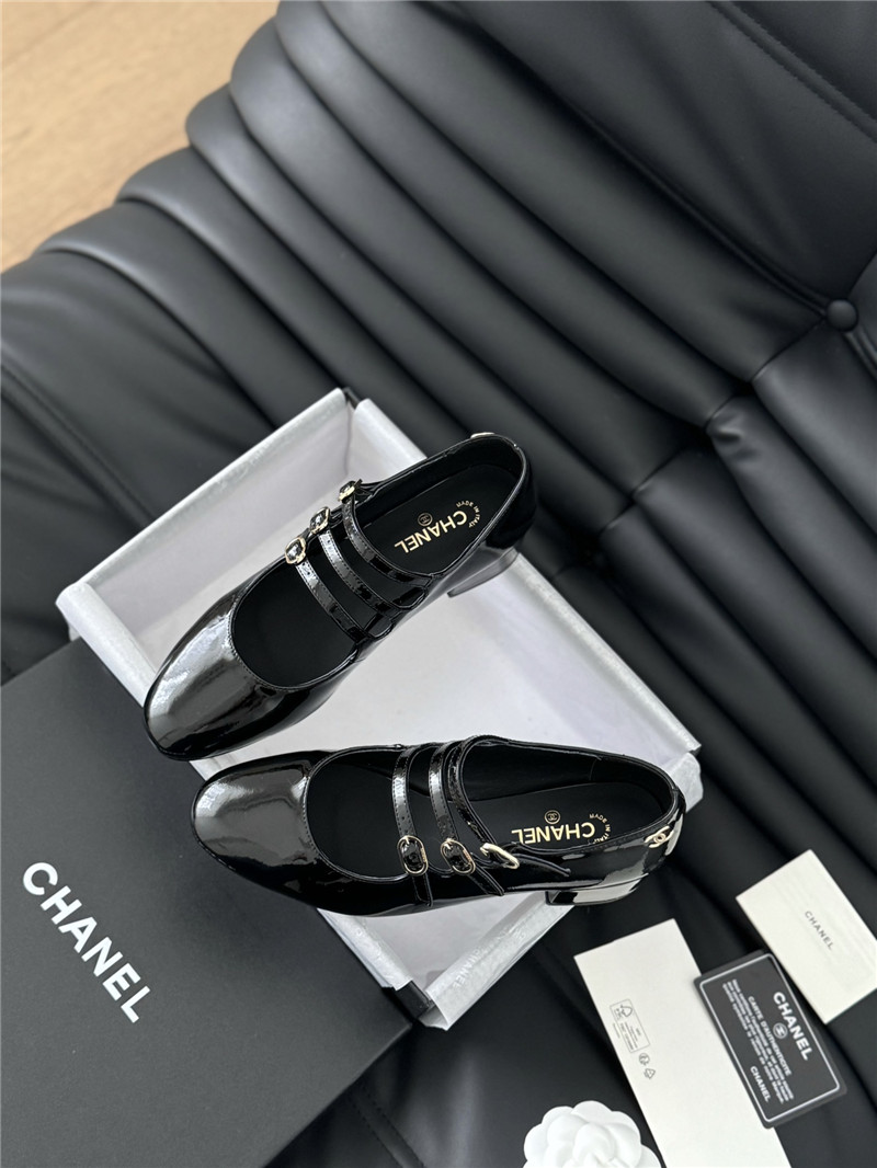 Ch**el black patent leather 3-strap mary jane shoes