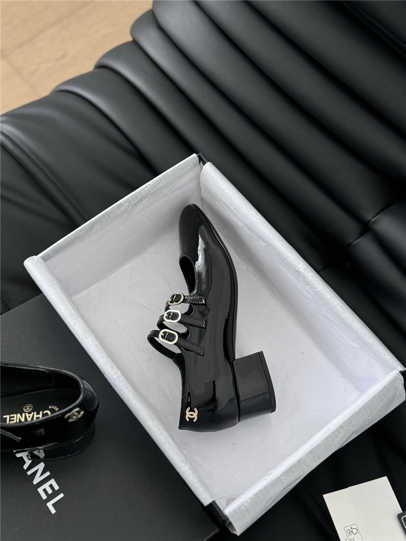 Ch**el black patent leather 3-strap mary jane shoes