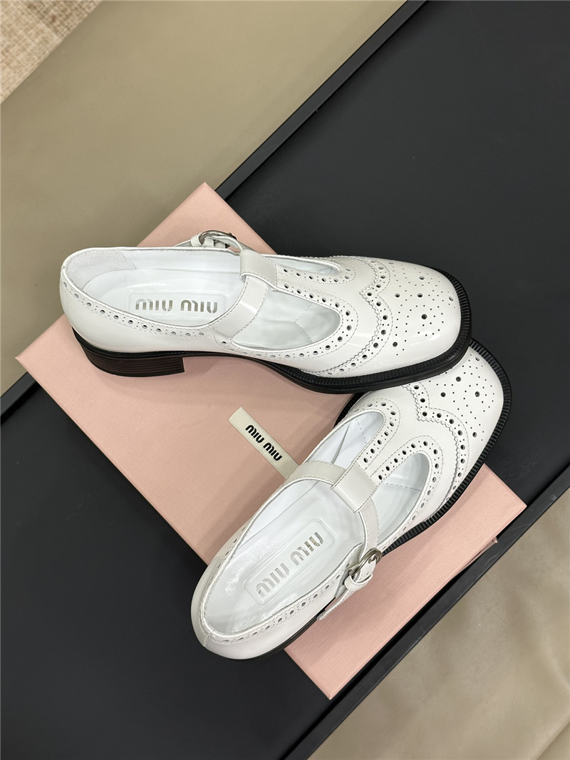 Miu Miu Brushed Leather T-Strap Brogue Shoes White
