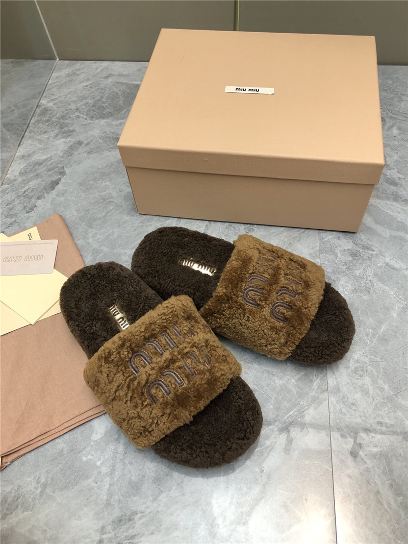 Miu Miu Lettering Logo Shearling Slides Camel and Brown