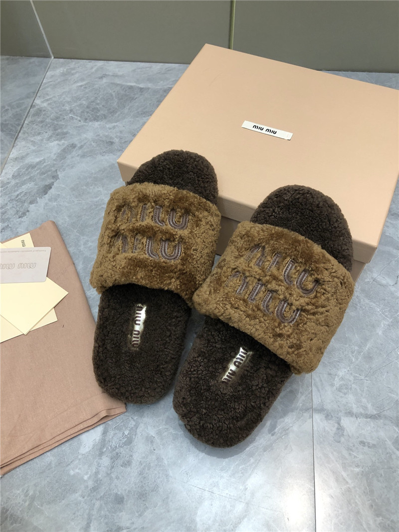 Miu Miu Lettering Logo Shearling Slides Camel and Brown