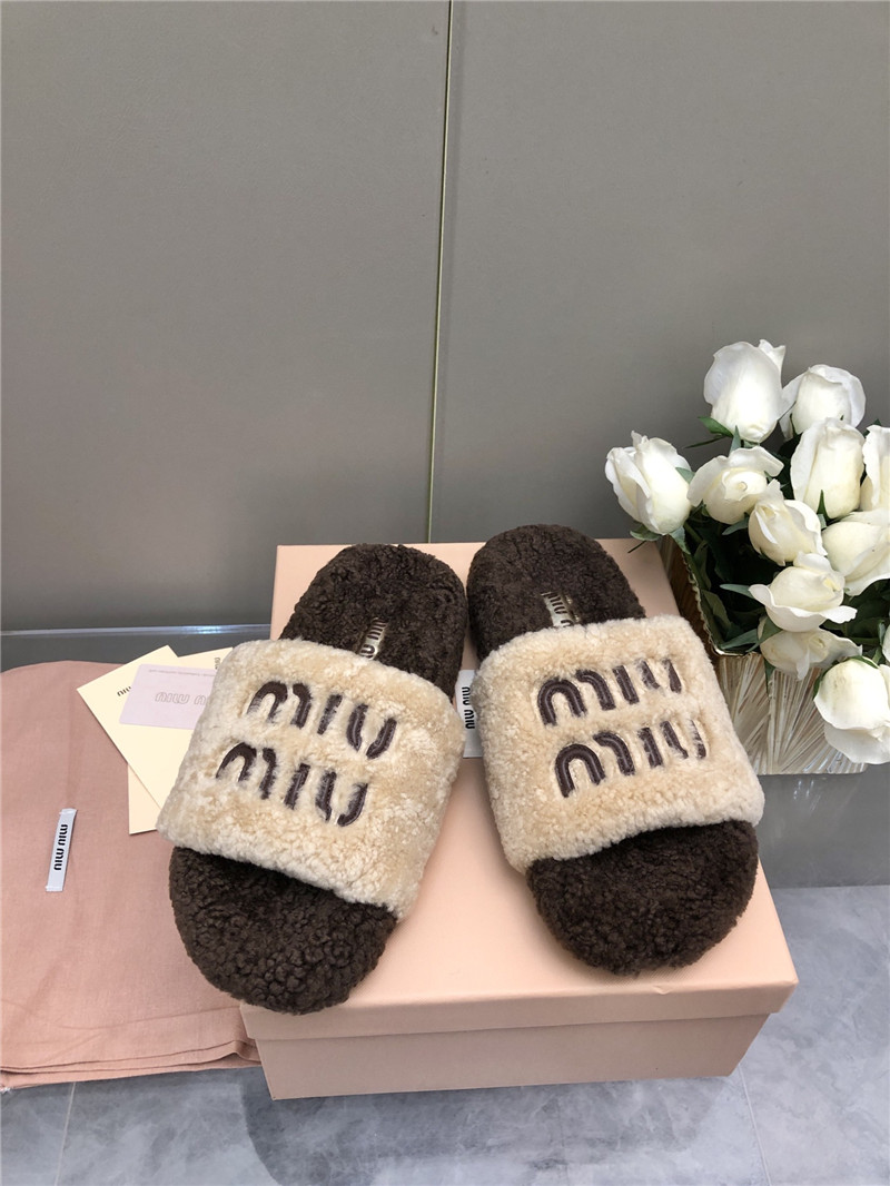 Miu Miu Lettering Logo Shearling Slides Natural and Brown