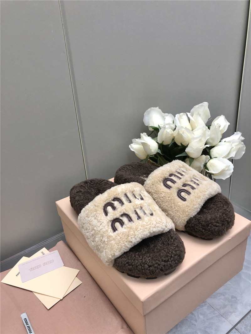 Miu Miu Lettering Logo Shearling Slides Natural and Brown