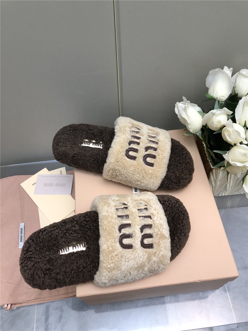 Miu Miu Lettering Logo Shearling Slides Natural and Brown