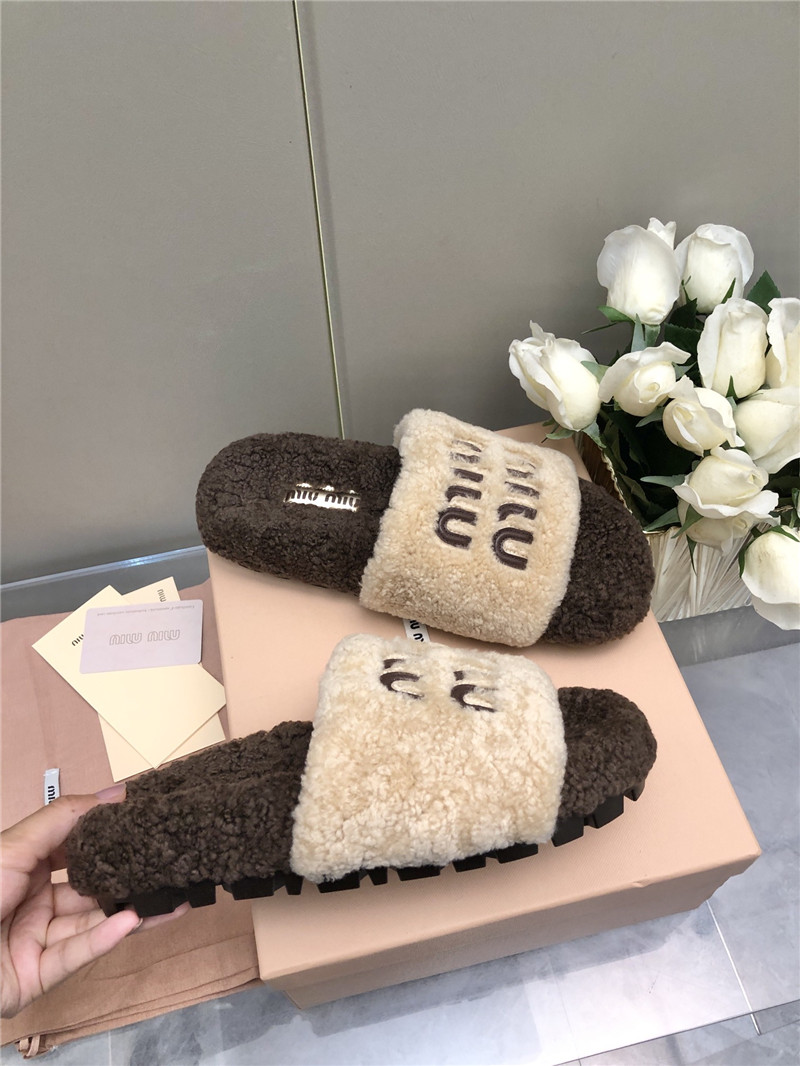 Miu Miu Lettering Logo Shearling Slides Natural and Brown