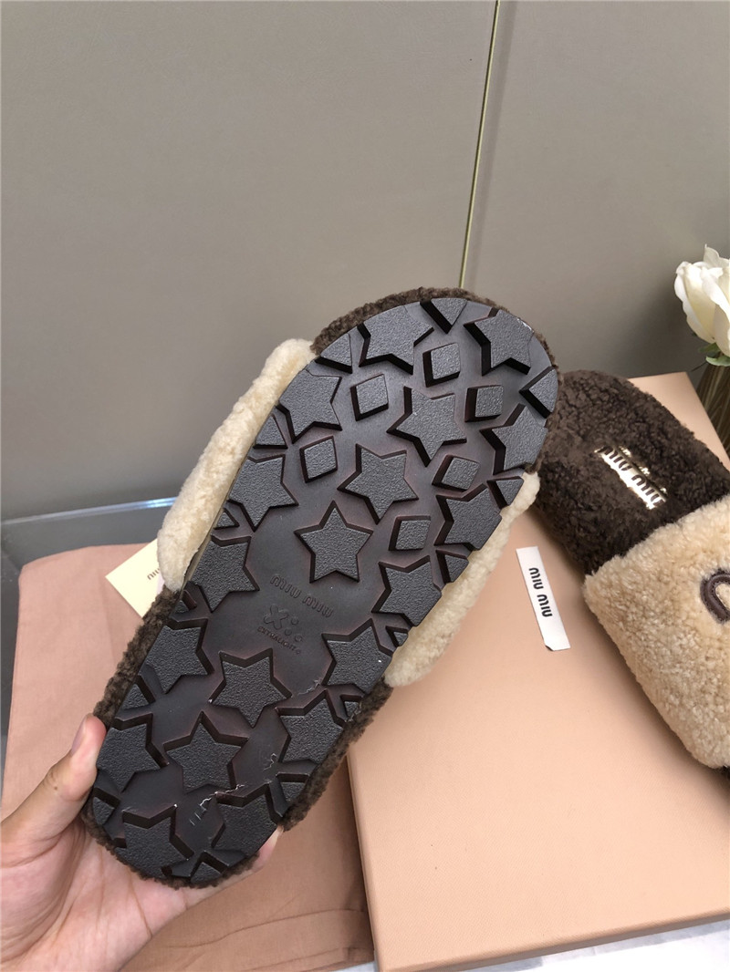Miu Miu Lettering Logo Shearling Slides Natural and Brown