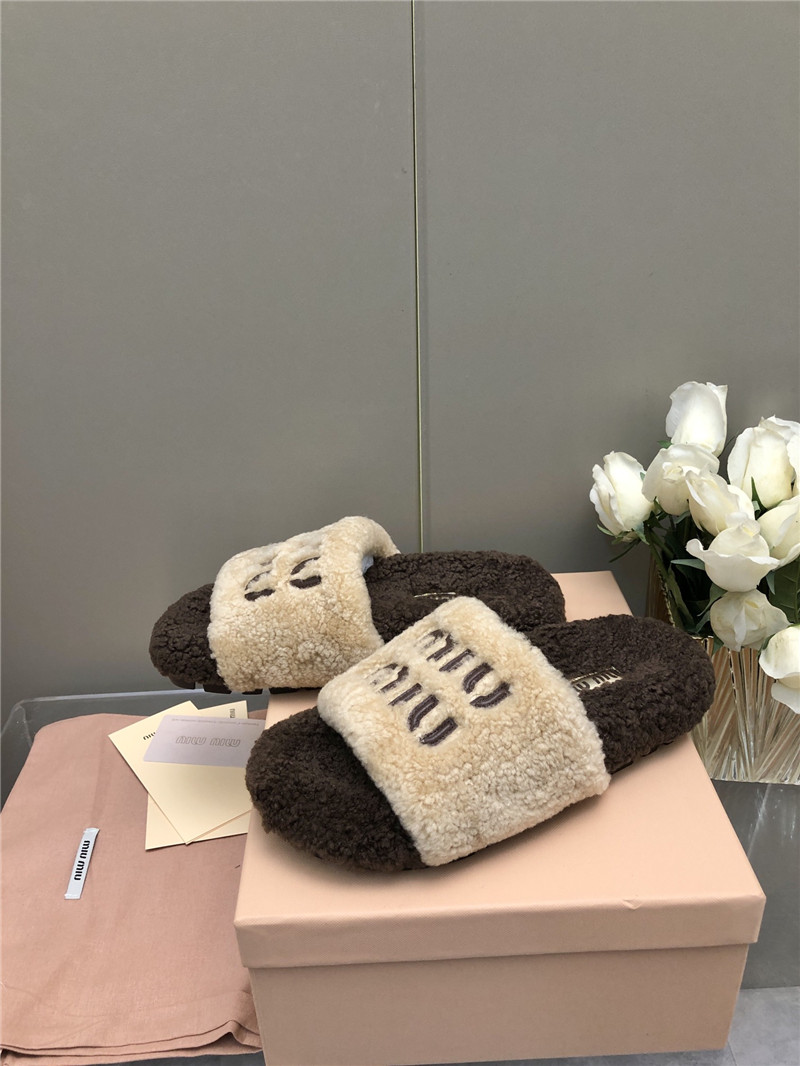 Miu Miu Lettering Logo Shearling Slides Natural and Brown