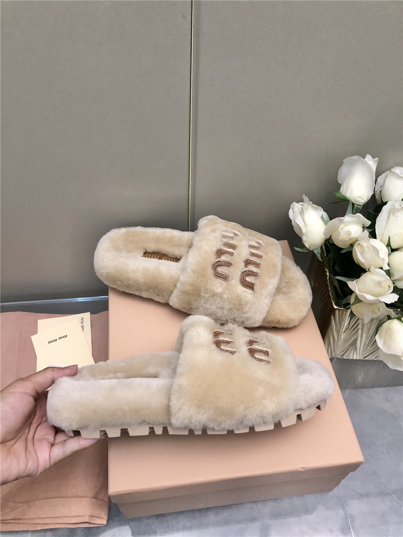 Miu Miu Lettering Logo Shearling Slides Natural