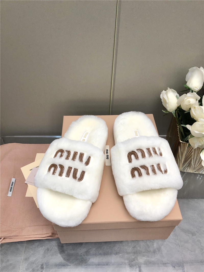 Miu Miu White Lettering Logo Shearling Slides