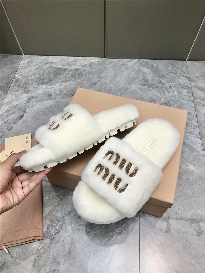 Miu Miu White Lettering Logo Shearling Slides