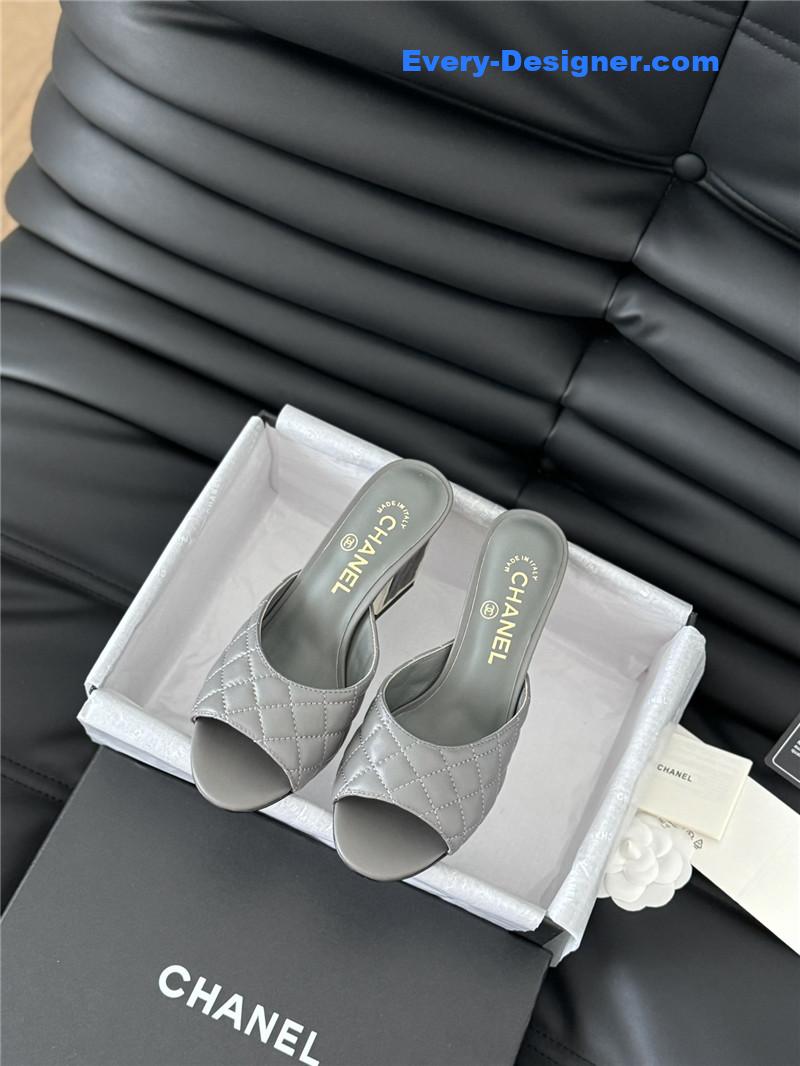 Ch**el grey lambskin quilted open toe mary jane mules