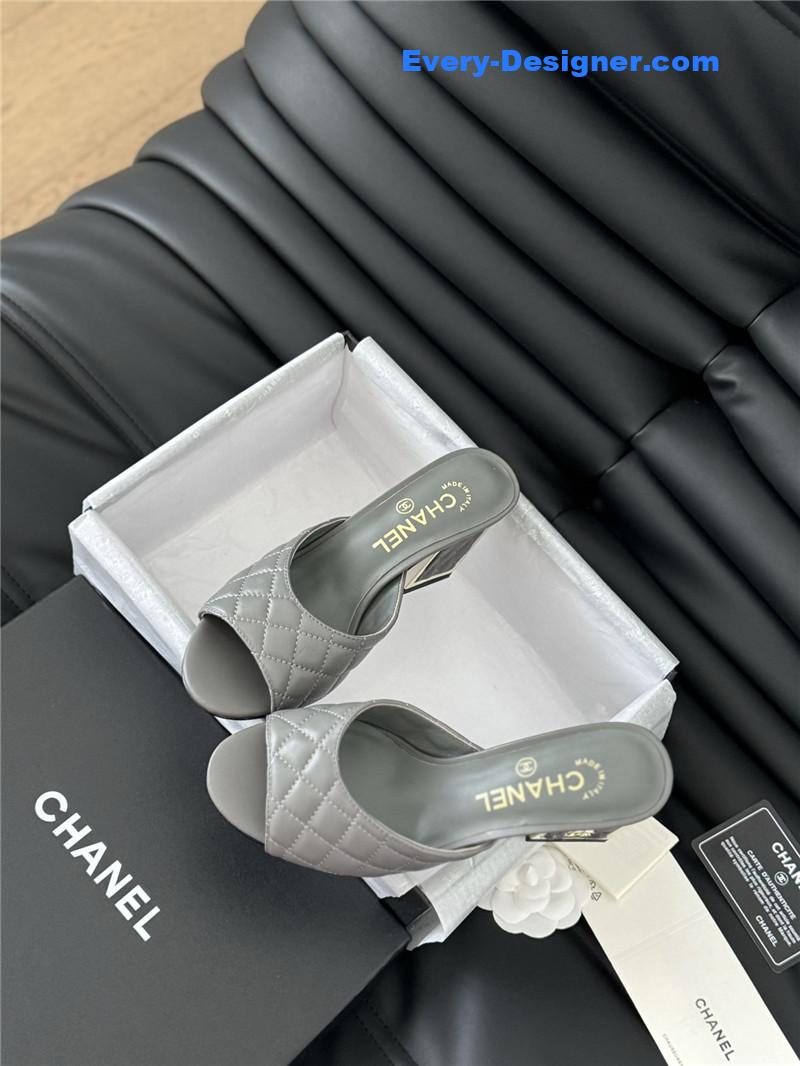 Ch**el grey lambskin quilted open toe mary jane mules