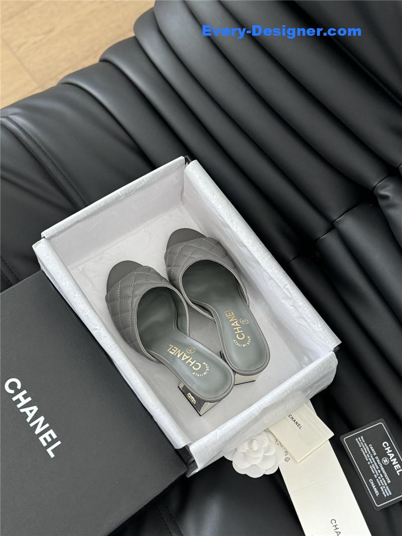 Ch**el grey lambskin quilted open toe mary jane mules