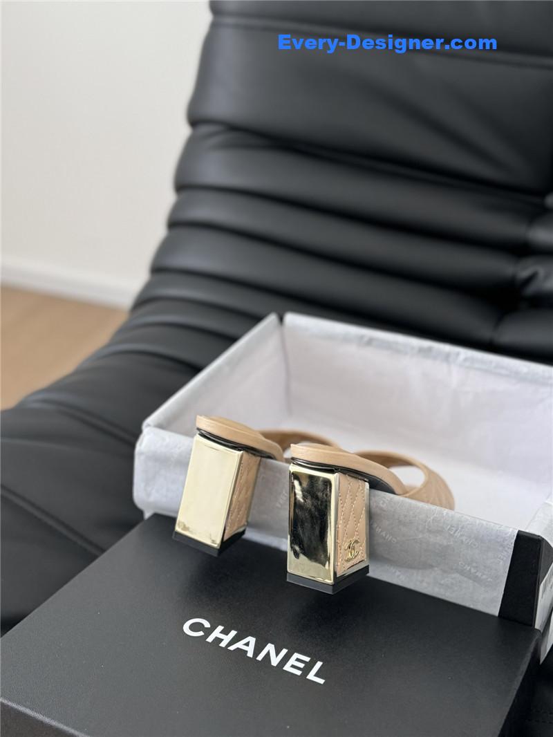 Ch**el beige lambskin quilted open toe mary jane mules