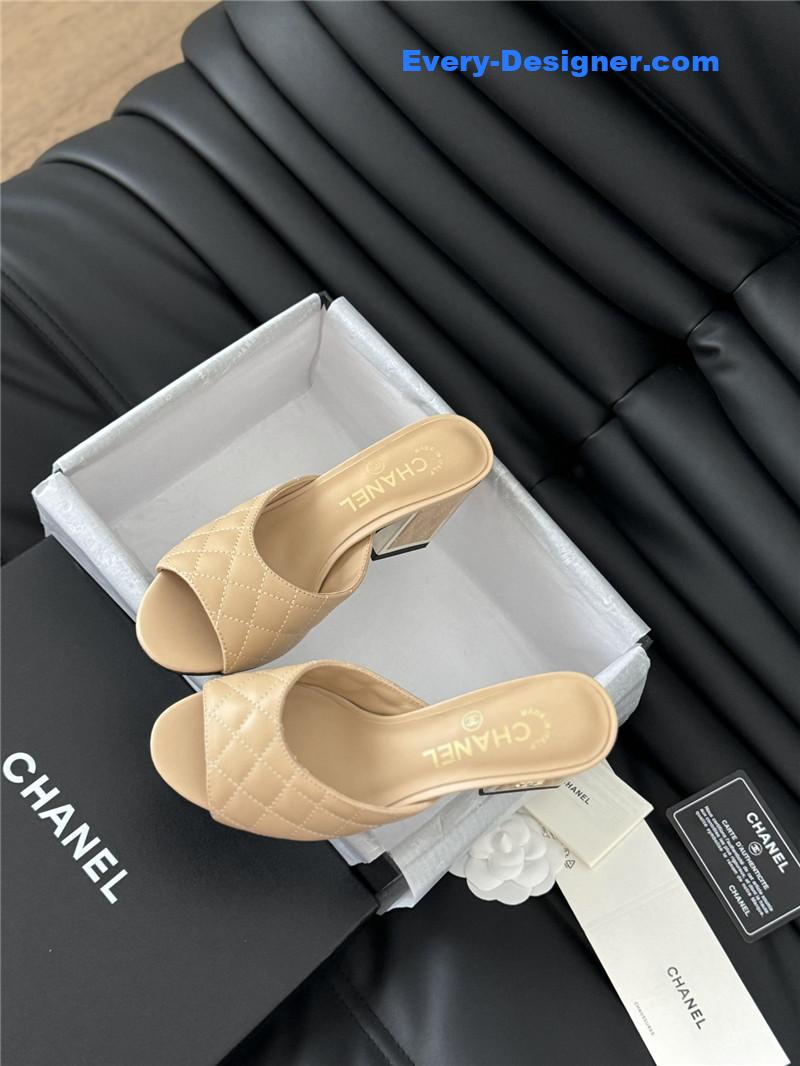Ch**el beige lambskin quilted open toe mary jane mules
