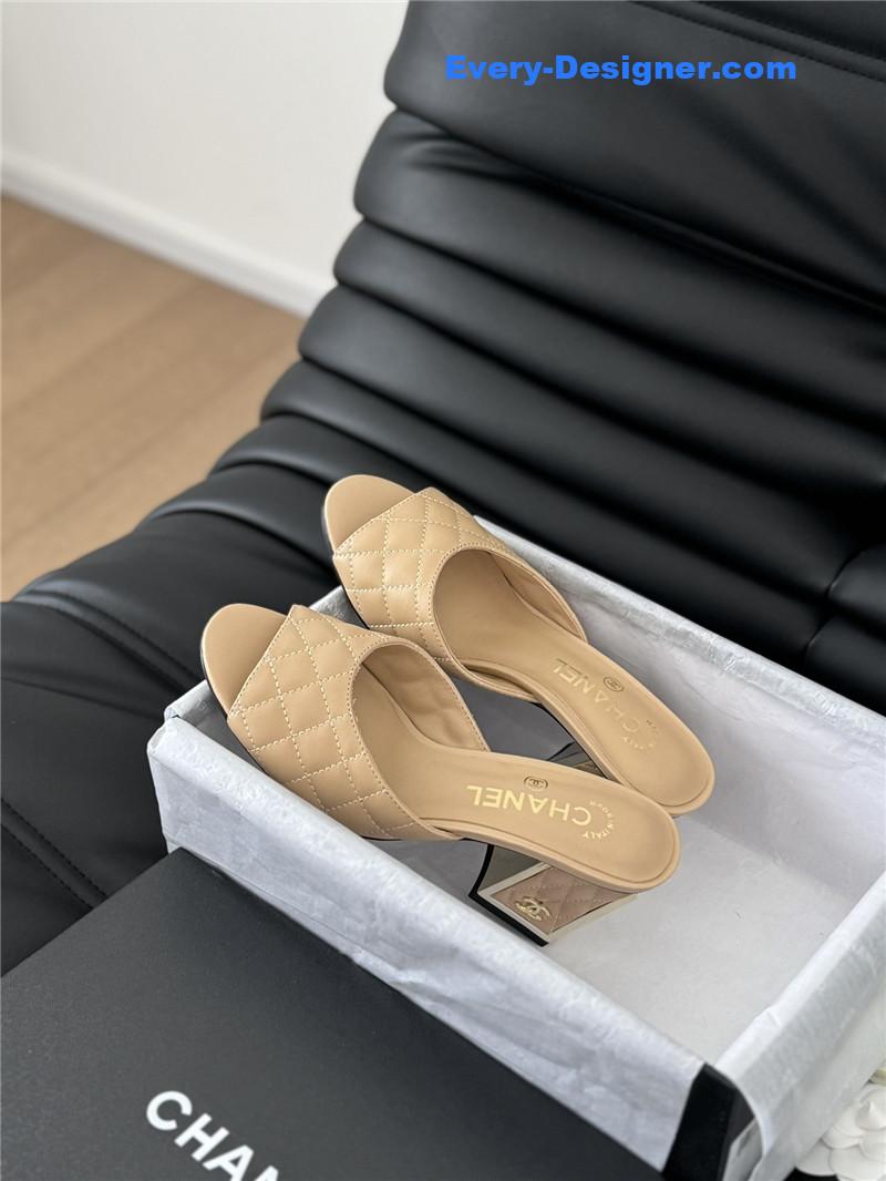 Ch**el beige lambskin quilted open toe mary jane mules