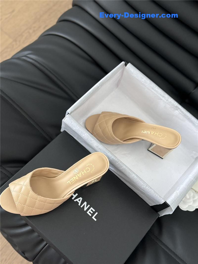Ch**el beige lambskin quilted open toe mary jane mules