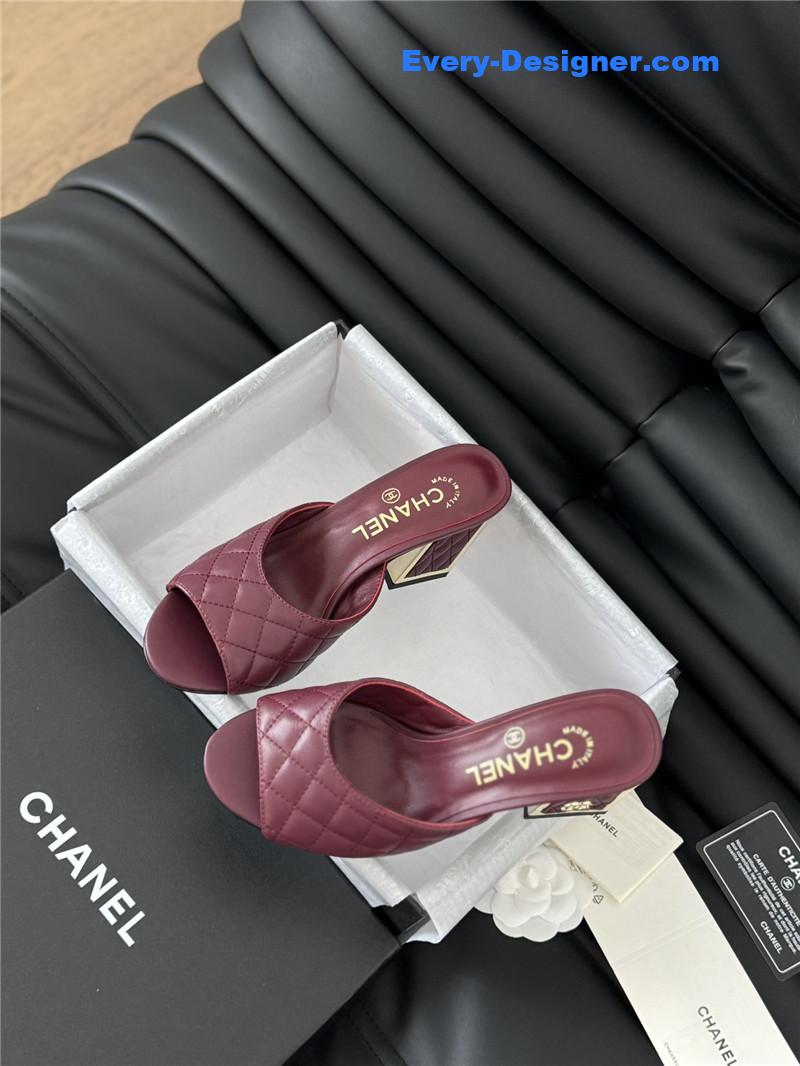 Ch**el burgundy lambskin quilted open toe mary jane mules
