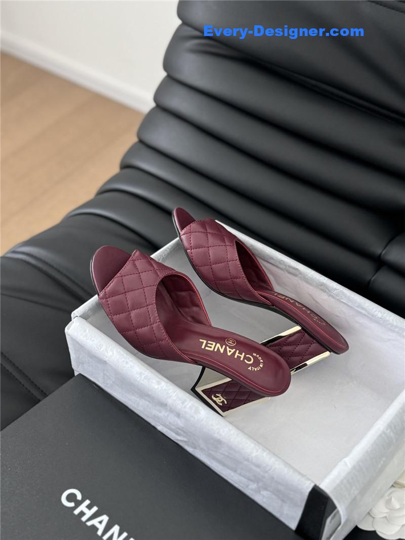 Ch**el burgundy lambskin quilted open toe mary jane mules