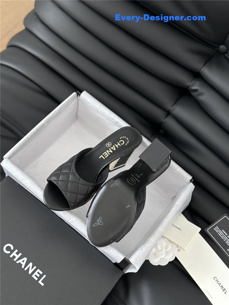 Ch**el black lambskin quilted open toe mary jane mules