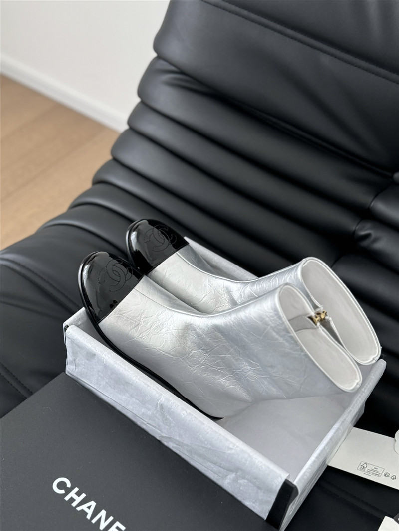 Ch**el silver calfskin zipper ankle boots