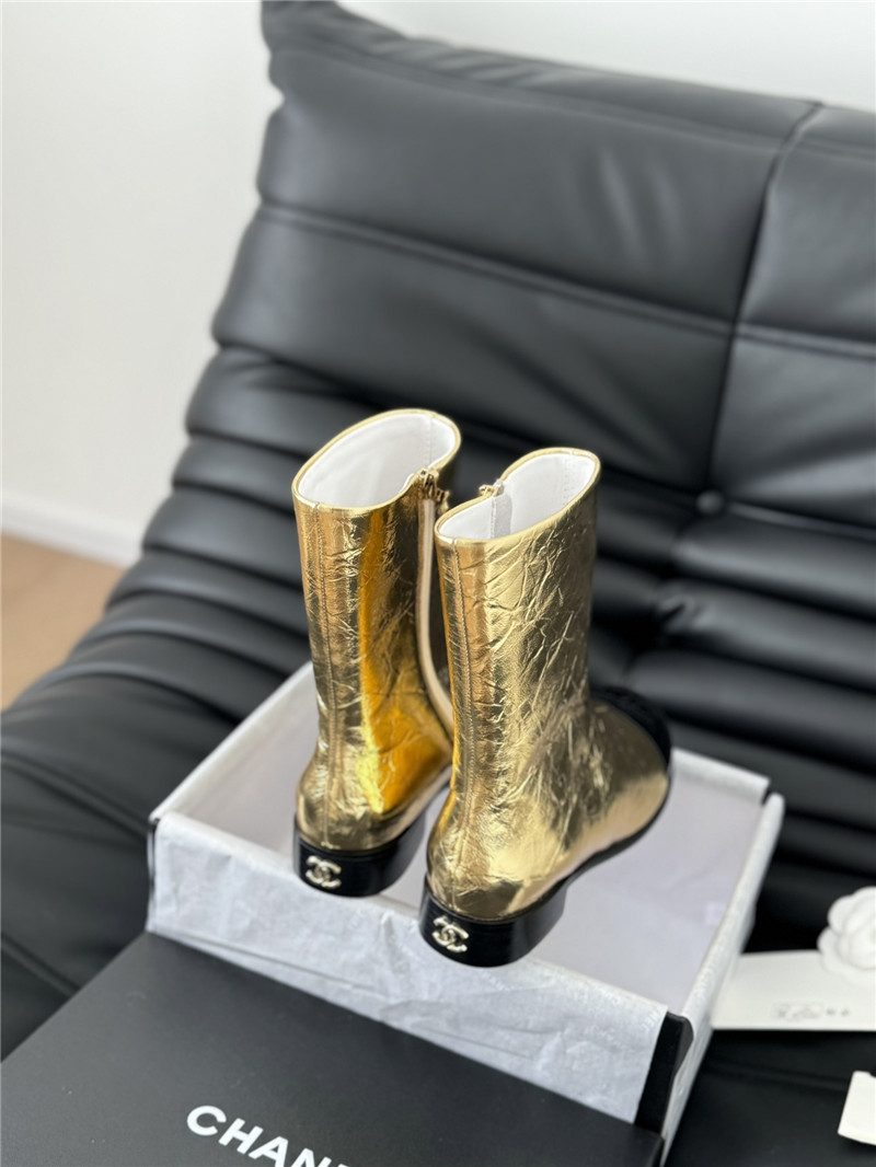 Ch**el gold calfskin zipper ankle boots