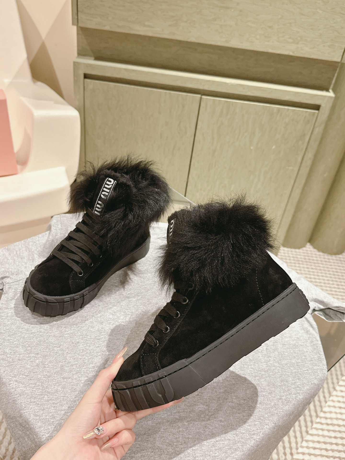 Miu Miu High-Top Black Shearling-Lined Sneakers