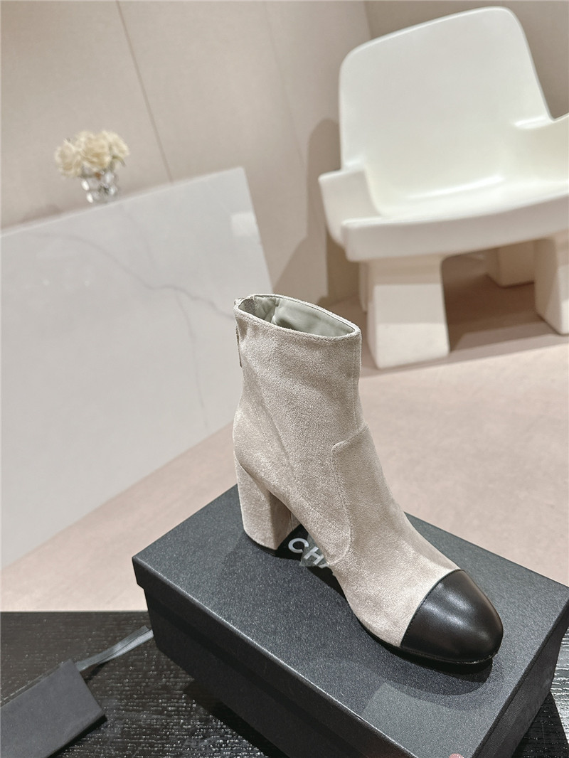 Ch**el beige suede calfskin block heel ankle boots