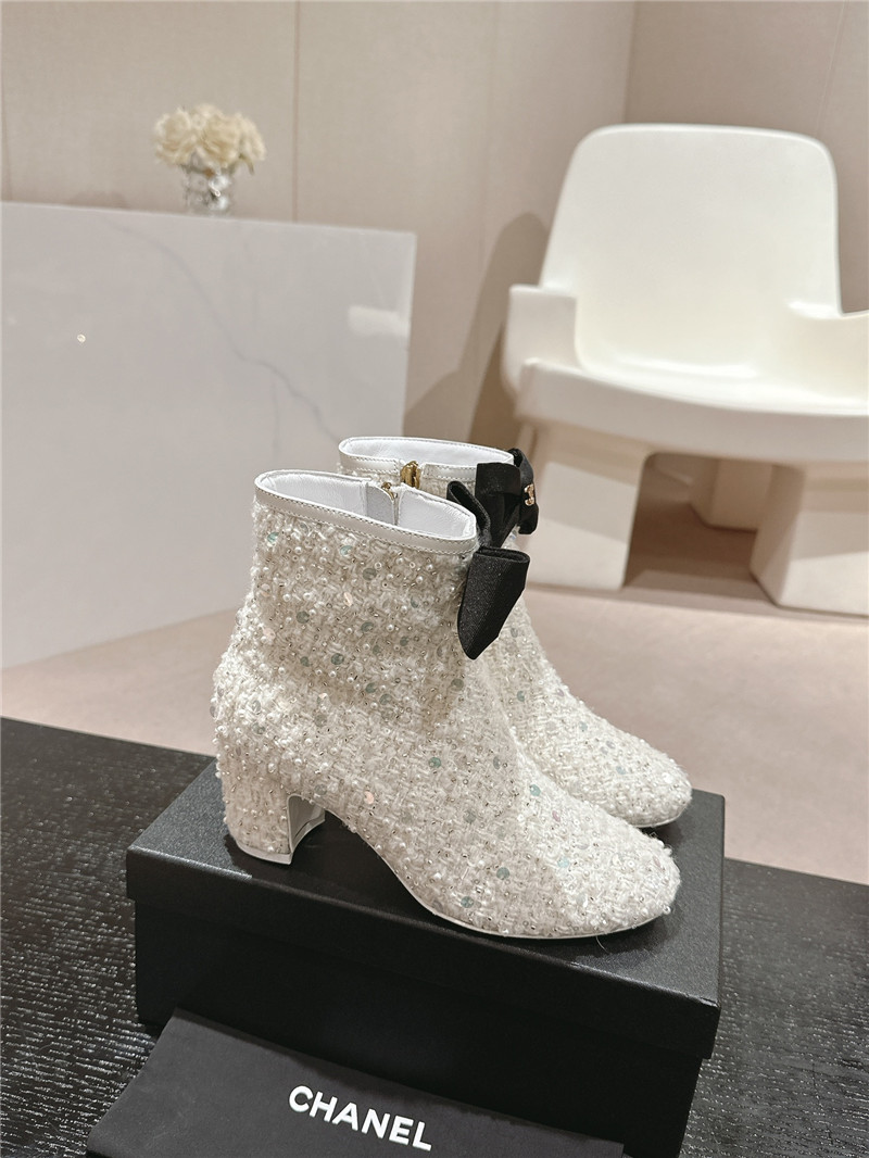 Ch**el white block heel sequin ankle boots