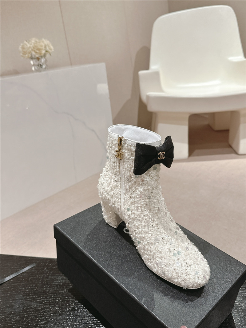 Ch**el white block heel sequin ankle boots
