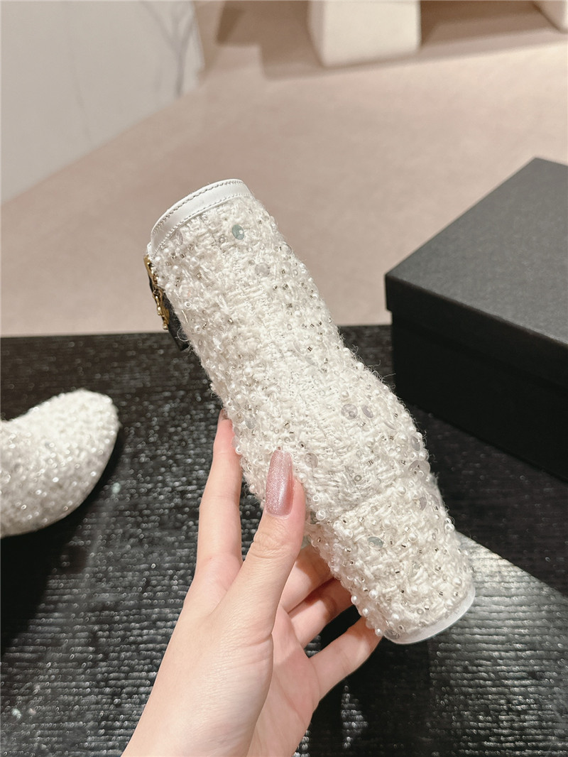 Ch**el white block heel sequin ankle boots