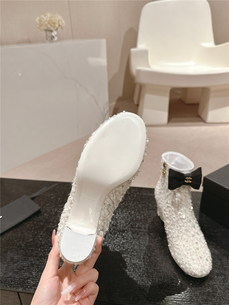 Ch**el white block heel sequin ankle boots