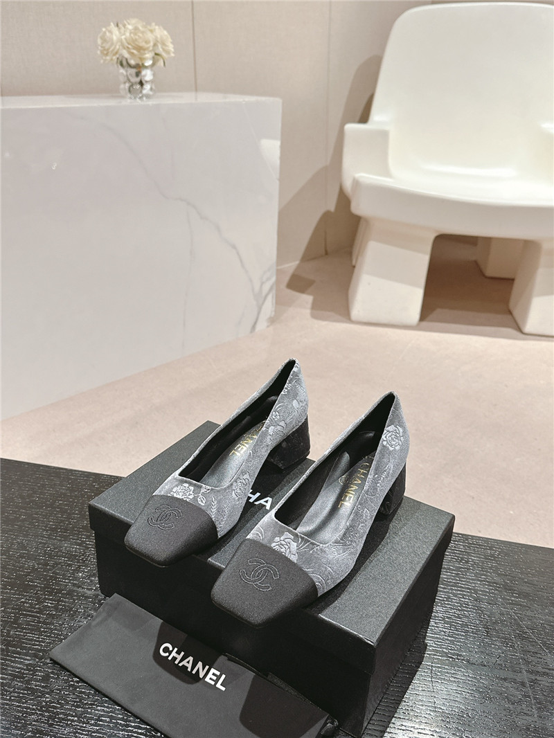 Ch**el ballet heel pumps in grey floral print suede