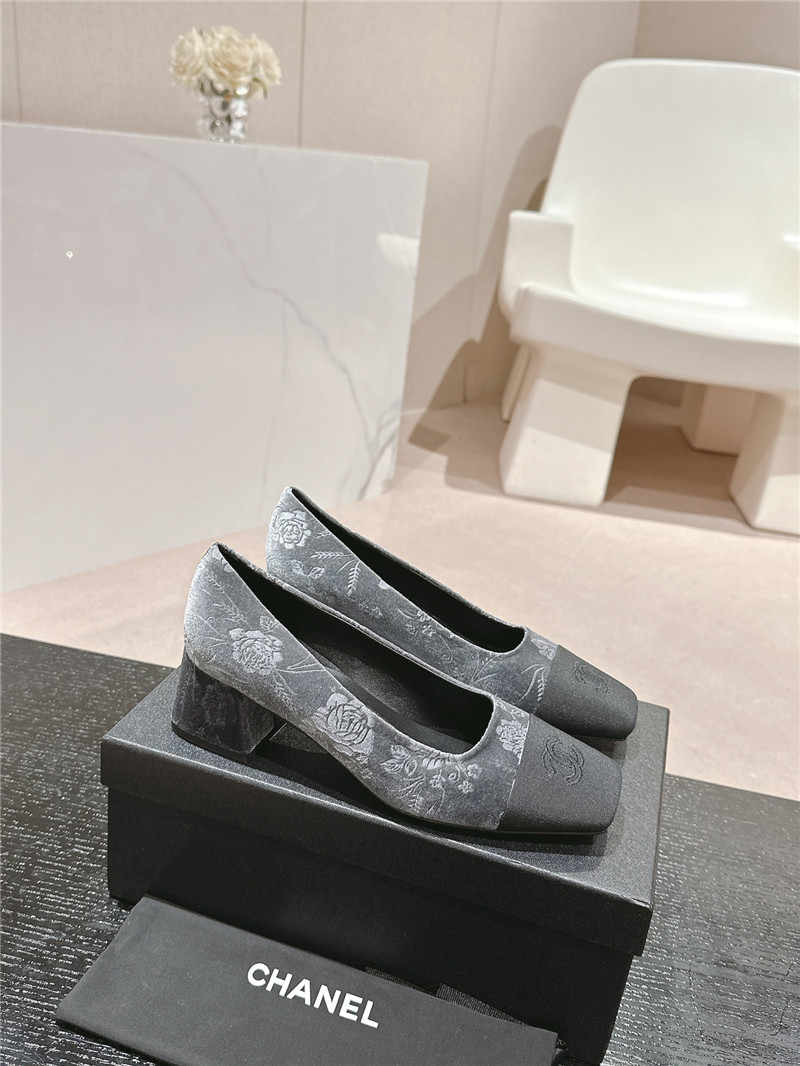 Ch**el ballet heel pumps in grey floral print suede