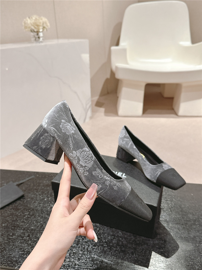 Ch**el ballet heel pumps in grey floral print suede