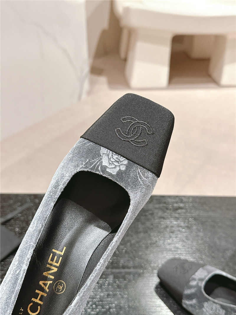 Ch**el ballet heel pumps in grey floral print suede