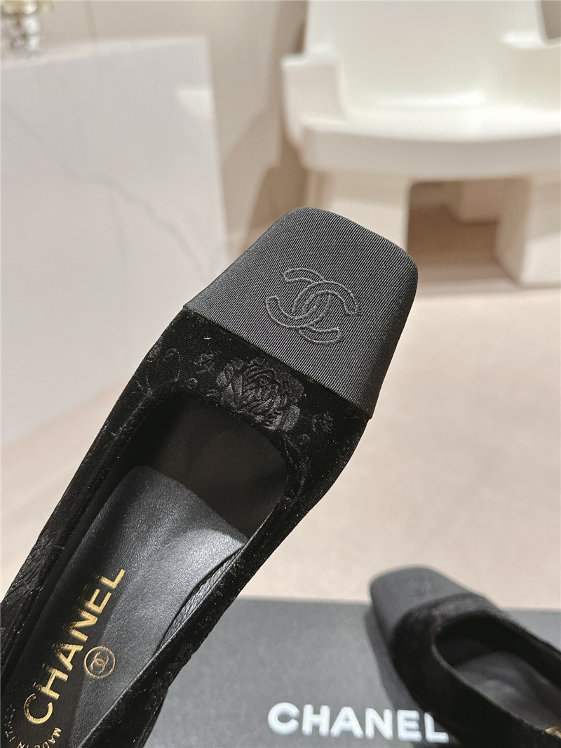 Ch**el ballet heel pumps in black floral print suede