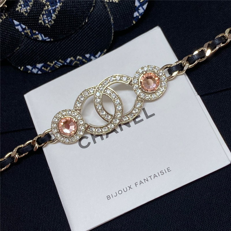 Ch**el leather through chain double c gemstone necklace